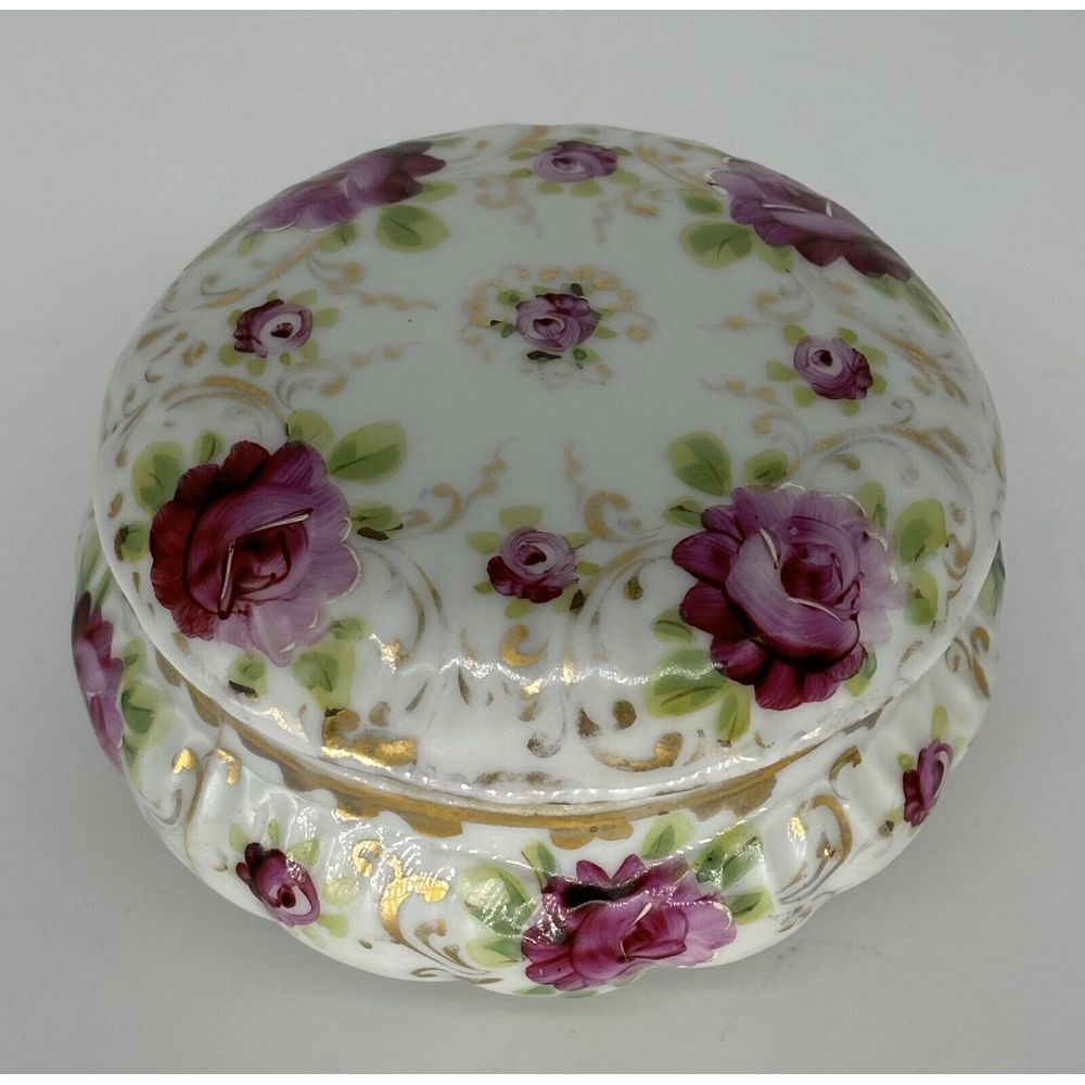 Vintage 1930's Hand Painted Floral & Gold Gild China Round Trinket Dish With Lid